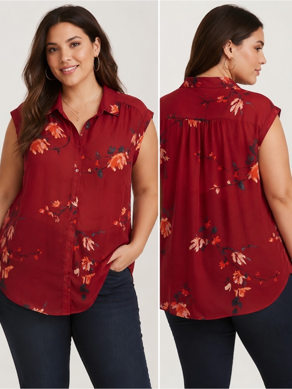 Ava & Viv 1X Red Floral Sheer Button Front Blouse Plus Size Chiffon Top